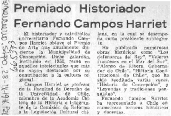 Premiado historiador Fernando Campos Harriet.  [artículo]