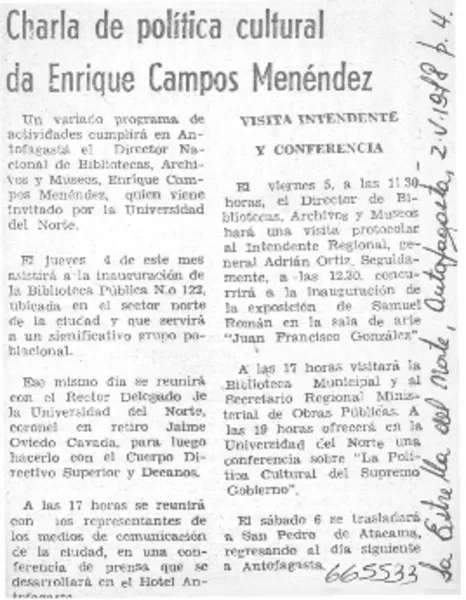 Charla de política cultural da Enrique Campos Menéndez.  [artículo]