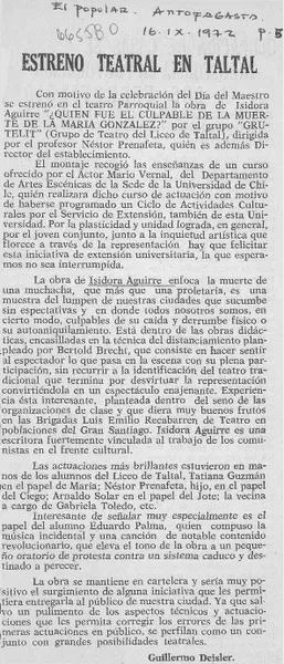 Estreno teatral en Taltal  [artículo] Guillermo Deisler.