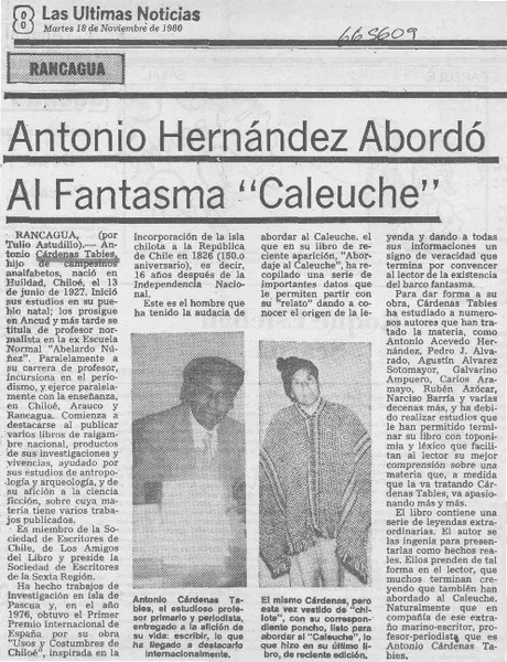 Antonio Hernández abordó al fantasma "Caleuche"  [artículo] Tulio Astudillo.