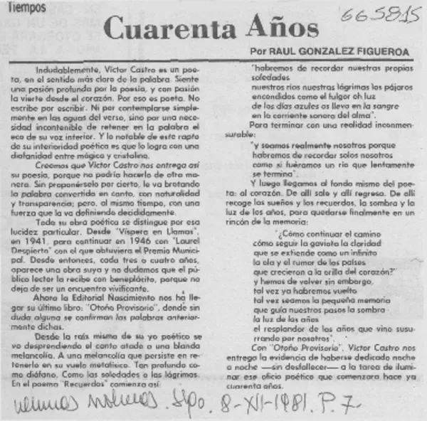 Cuarenta años  [artículo] Raúl González Figueroa.