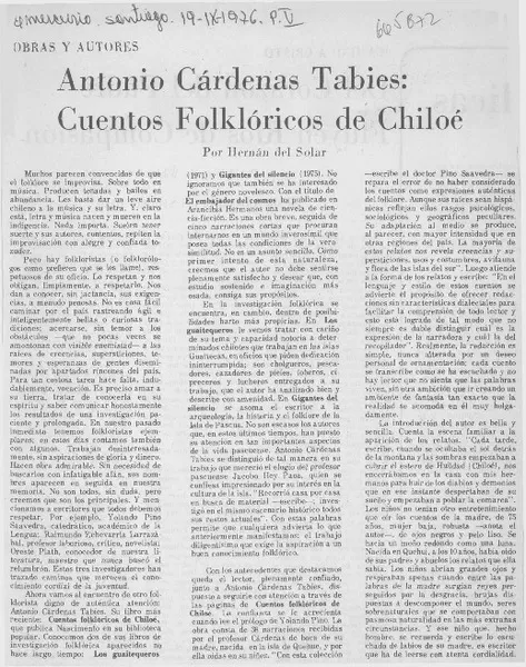 Antonio Cárdenas Tabies: cuentos folklóricos de Chiloé  [artículo] Hernán del Solar.
