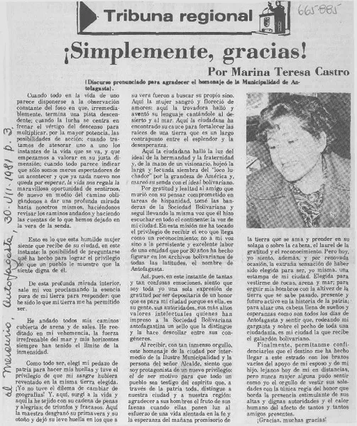 ¡Simplemente, gracias!  [artículo] Marina Teresa Castro.