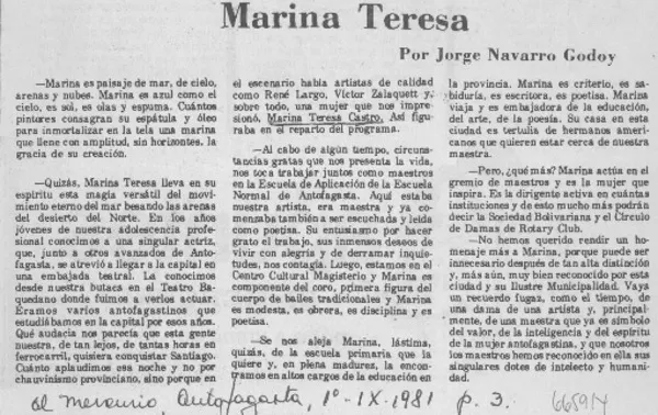 Marina Teresa  [artículo] Jorge Navarro Godoy.