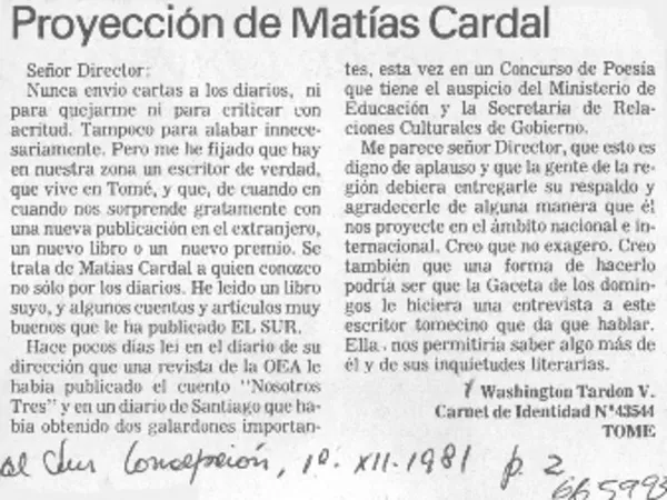 Proyección de Matías Cardal  [artículo] Washington Tardón V.