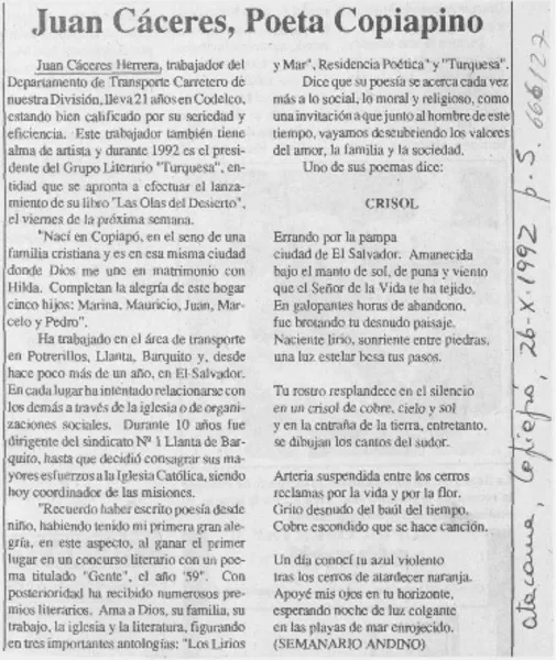 Juan Cáceres, poeta copiapino.  [artículo]