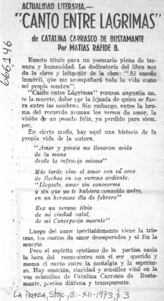 Canto entre lágrimas"  [artículo] Matías Rafide B .