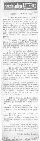 Adiós al poeta  [artículo] Ramón Cuéllar Garriga.