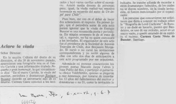 Aclara la viuda  [artículo] Carmen Gaete Nieto de Bunster.