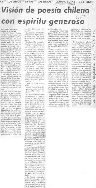 Visión de poesía chilena con espíritu generoso  [artículo] Claudio Solar.