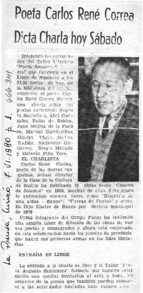 Poeta Carlos René Correa dicta charla hoy sábado.  [artículo]