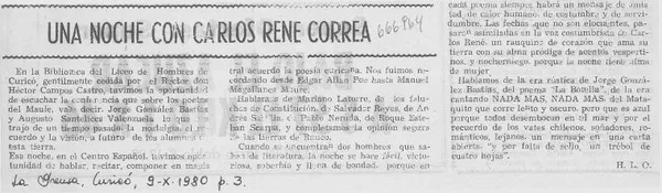 Una noche con Carlos René Correa  [artículo] H. L. O.