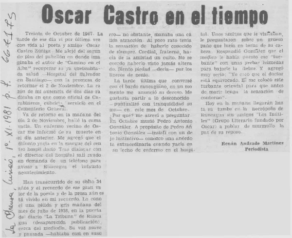 Oscar Castro en el tiempo  [artículo] Renán Andrade Martínez.