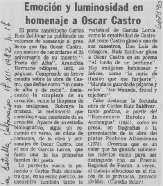 Emoción y luminosidad en homenaje a Oscar Castro.  [artículo]