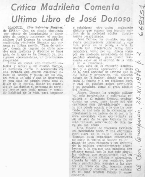 Crítica madrileña comenta último libro de José Donoso  [artículo] Salvador Jiménez