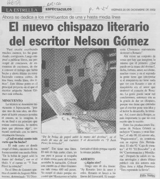 El nuevo chispazo literario del escritor Nelson Gómez  [artículo]