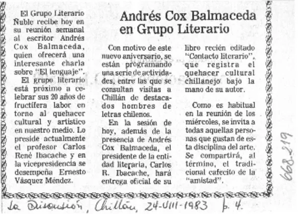 Andrés Cox Balmaceda en grupo literario.  [artículo]