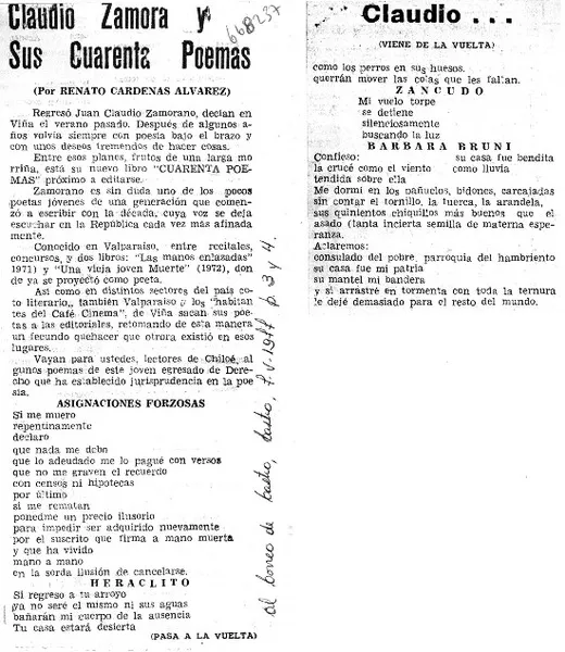 Claudio Zamora y sus cuarenta poemas  [artículo] Renato Cárdenas Alvarez.