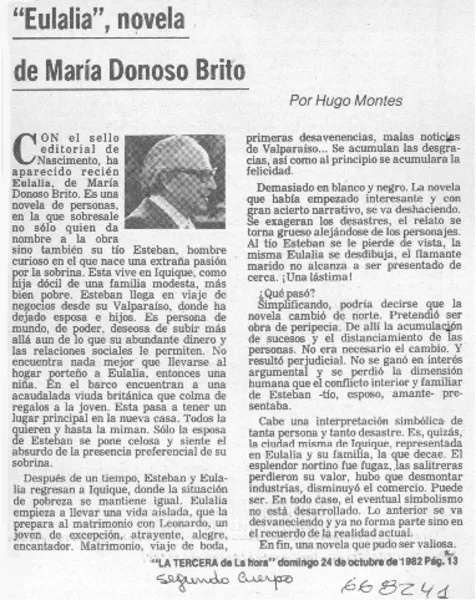 Eulalia", novela de María Donoso Brito  [artículo] Hugo Montes.