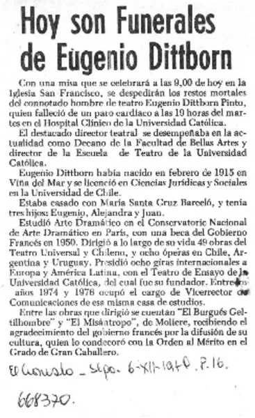 Hoy son funerales de Eugenio Dittborn.  [artículo]