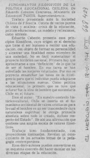 Fundamentos filosóficos de la política educacional chilena.  [artículo]