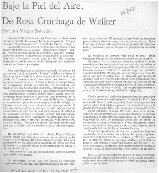 Bajo la piel del aire, de Rosa Cruchaga de Walker  [artículo] Luis Vargas Saavedra.