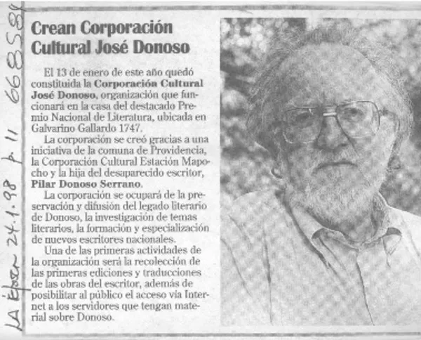 Crean corporación cultural José Donoso.  [artículo]