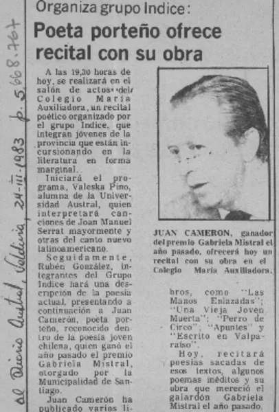 Poeta porteño ofrece recital con su obra.  [artículo]