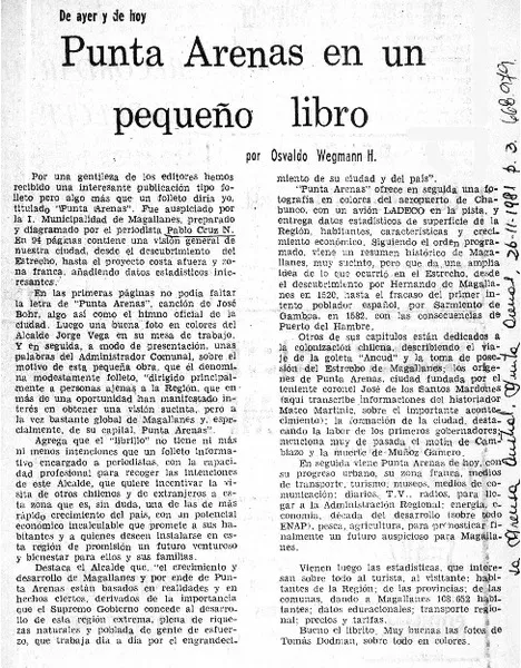 Punta Arenas en un pequeño libro  [artículo] Osvaldo Wegmann H.