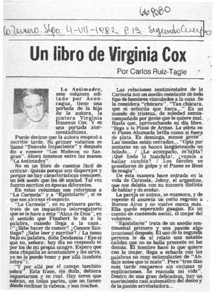 Un libro de Virginia Cox  [artículo] Carlos Ruiz-Tagle.