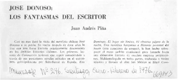 José Donoso: los fantasmas del escritor : [entrevista] [artículo] Juan Andrés Piña.