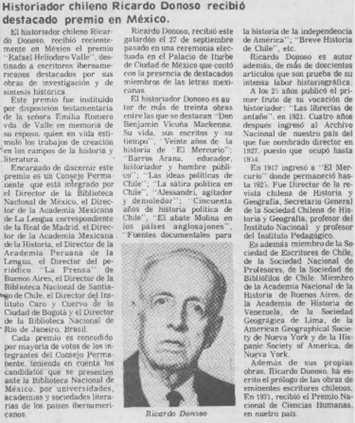 Historiador chileno Ricardo Donoso recibió destacado premio en México.  [artículo]