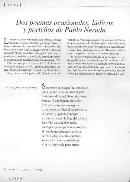 Dos poemas ocasionales, lúdicos y porteños de Pablo Neruda  [artículo] Javier Luis Egaña Baraona.