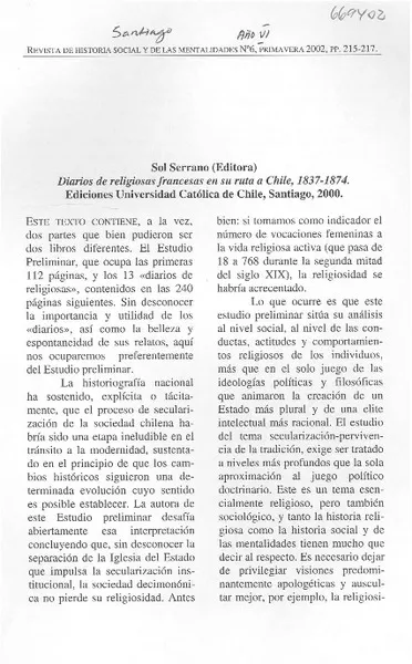 Diarios de religiosas francesas en su ruta a Chile, 1837-1874  [artículo] René Salinas Meza.