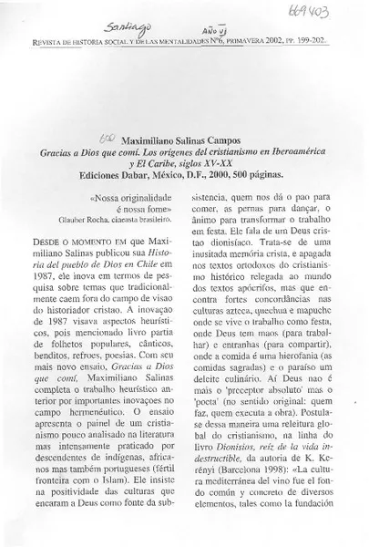 Gracias a Dios que comí : los orígenes del cristianismo en Iberoamérica y El Caribe, siglos XV-XX [artículo] Eduardo Hoornaert.