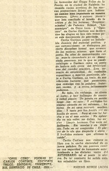 "Opus Cero"  [artículo] Marino Muñoz Lagos.
