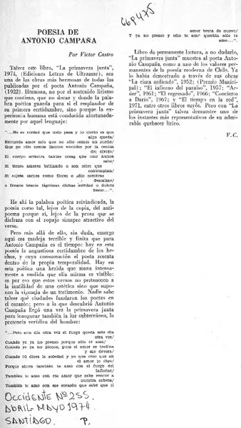 Poesía de Antonio Campaña  [artículo] Víctor Castro.