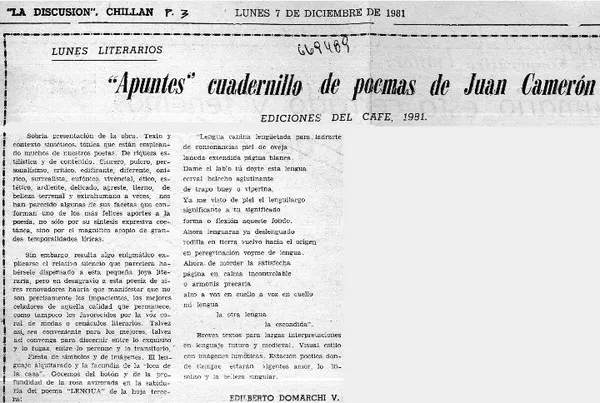 Apuntes" cuadernillo de poemas de Juan Camerón  [artículo] Edilberto Domarchi V.