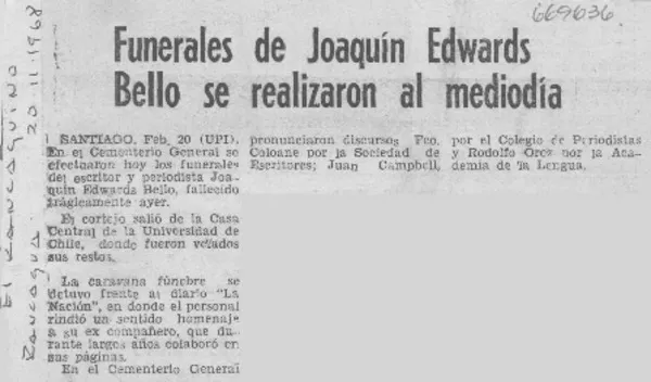 Funerales de Joaquín Edwards Bello se realizaron al mediodía.  [artículo]