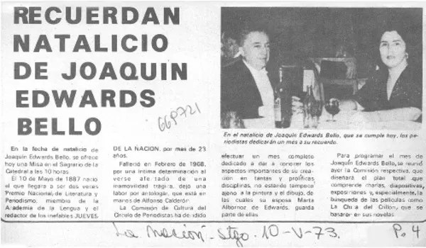Recuerdan natalicio de Joaquín Edwards Bello  [artículo].