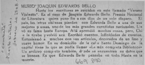 Murió Joaquín Edwards Bello.  [artículo]
