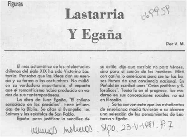 Lastarria y Egaña  [artículo] V. M.