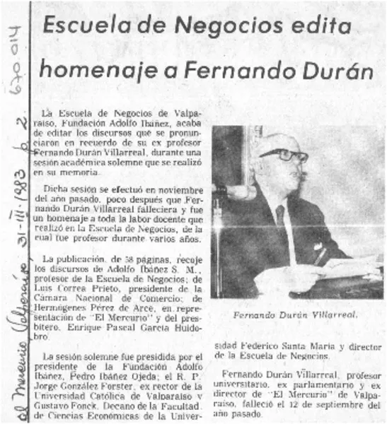 Escuela de negocios edita homenaje a Fernando Durán.  [artículo]