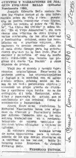 Cuentos y narraciones de Joaquín Edwards Bello  [artículo] Federico Tatter.