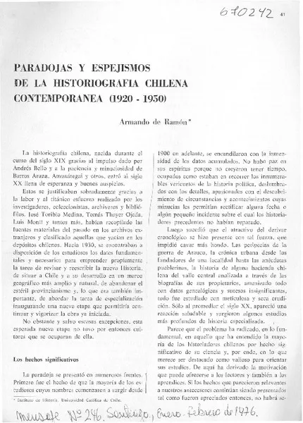 Paradojas y espejismos de la historiografía chilena contemporánea (1920-1950)  [artículo]