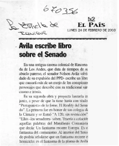 Avila escribe libro sobre el Senado.  [artículo]