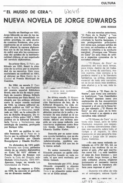 Nueva novela de Jorge Edwards [entrevista] [artículo] Jorge Román.