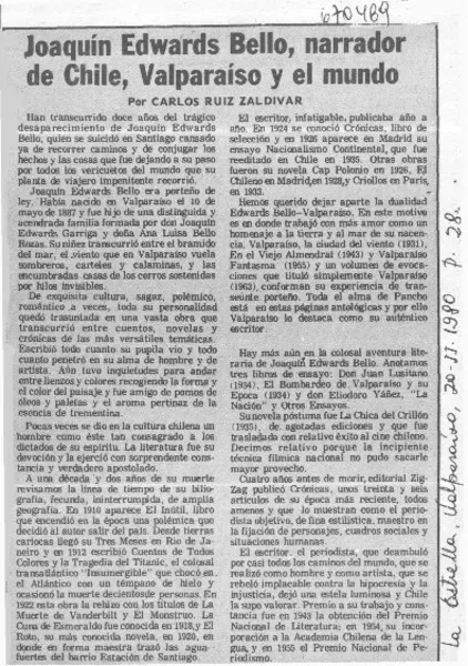Joaquín Edwards Bello, narrador de Chile, Valparaíso y el mundo  [artículo] Carlos Ruíz Zaldívar.