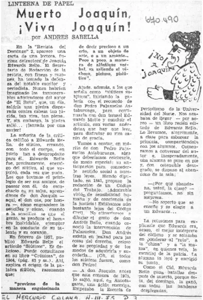 Muerto Joaquín, ¡viva Joaquín!  [artículo] Andrés Sabella.