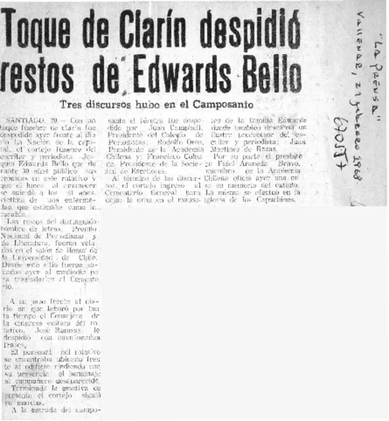 Toque de clarín despidió restos de Edwards Bello.  [artículo]